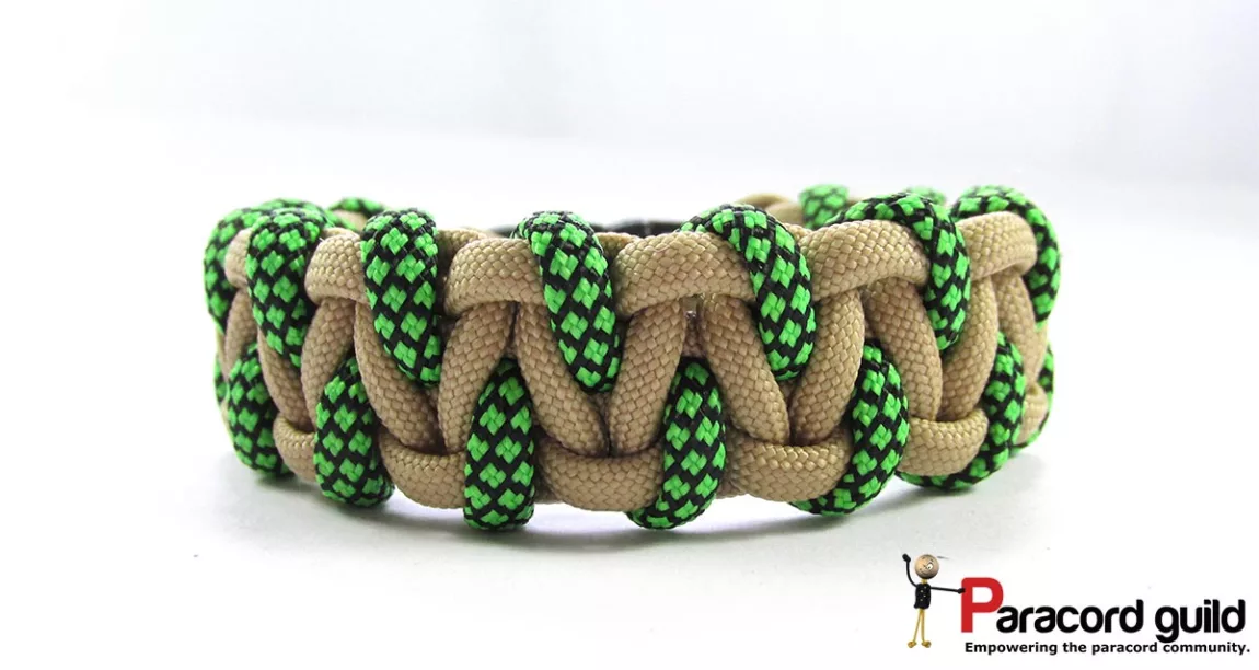 cagedsolomonparacordbracelet Explore Magazine Beige and neon green paracord bracelet with a chunky woven pattern on a white background, featuring the Paracord Guild logo in the corner.