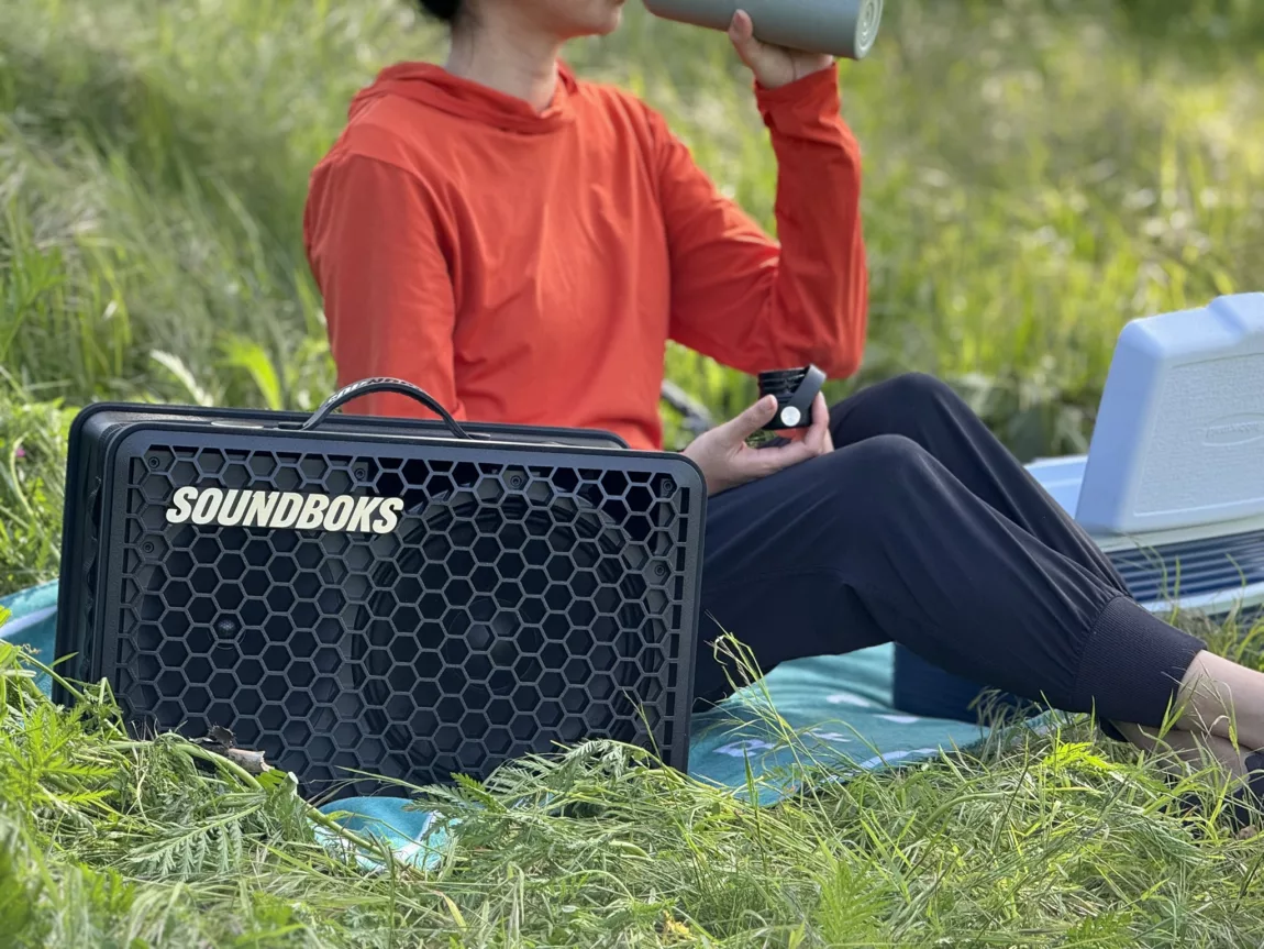 Woman sitting on a picnic blanket on the grass next to a large, high-quality speaker.
