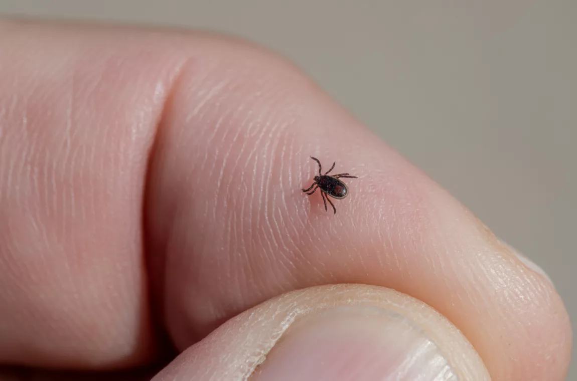 A tick is shown on a finger