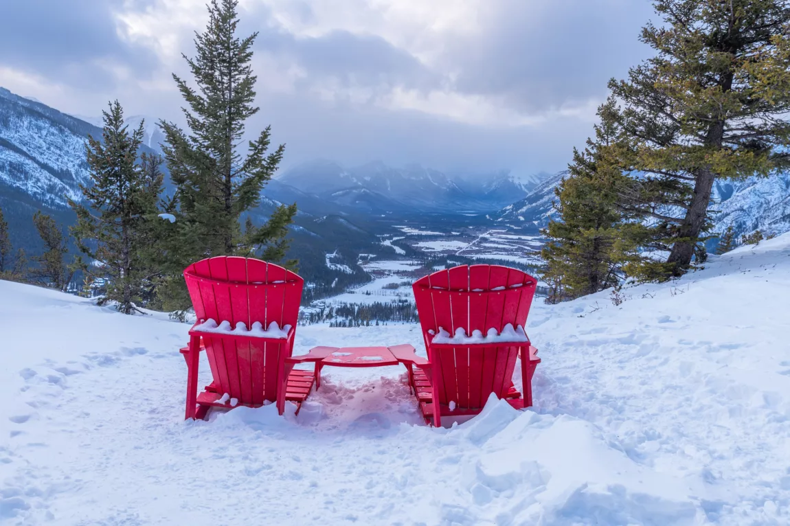 View of the two red chairs from the top of Tunnel Mountain in Banff