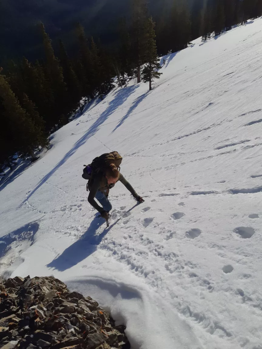 Adventure slang words - using an ice axe for assistance while kick-stepping up a steep slope 