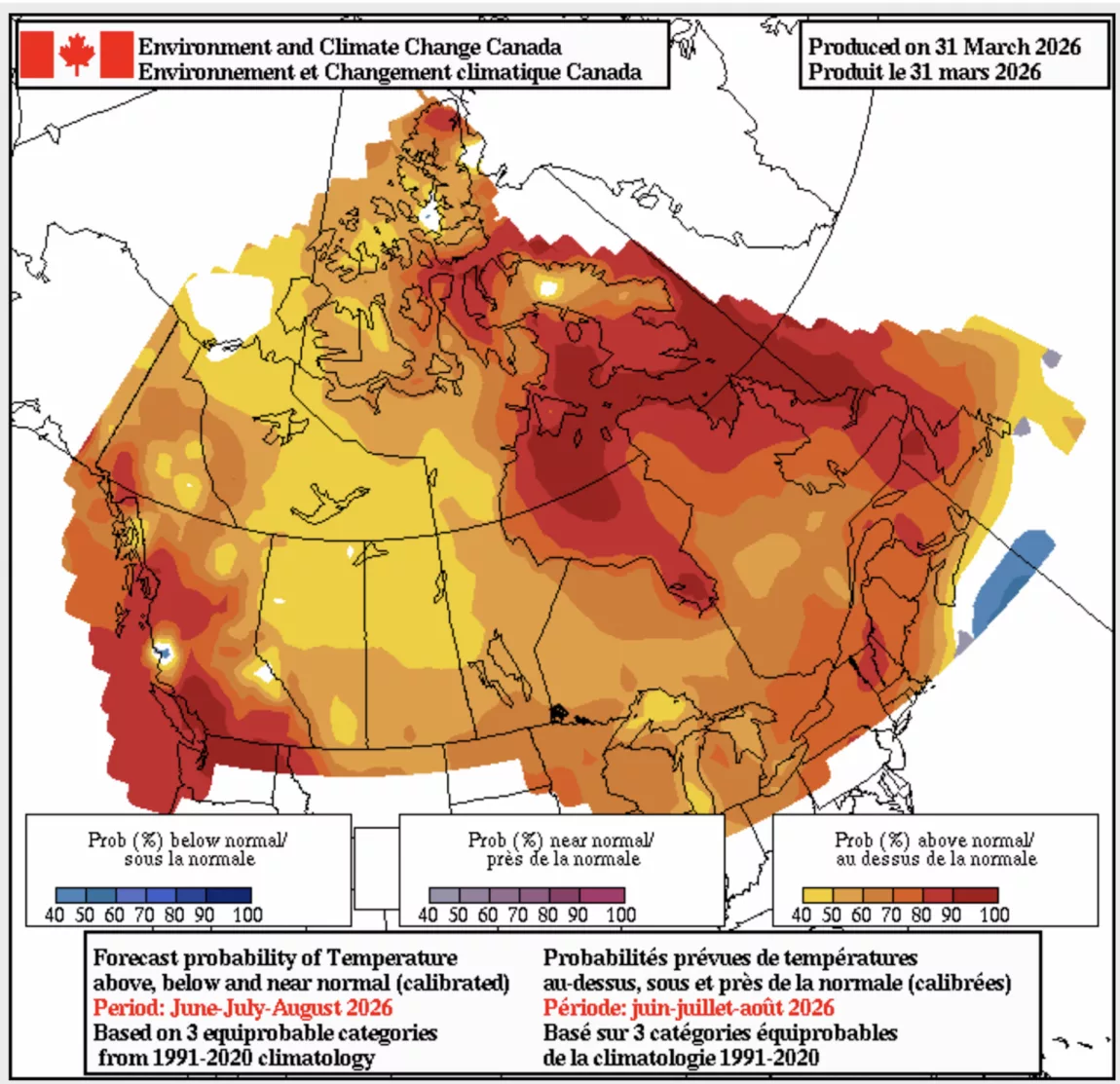 Screenshot 20260420 at 71857 AM Explore Magazine Map of Canada showing forecast probability of temperatures above, near, or below normal for June–August 2026, produced by Environment and Climate Change Canada.