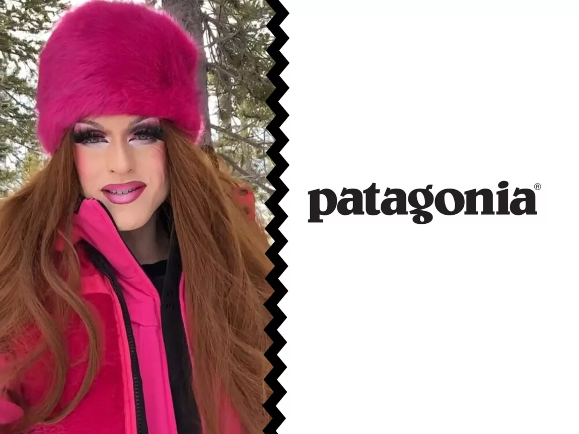 Person wearing a bright pink fur hat and jacket outdoors, with a large Patagonia logo on the right side.