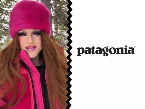 Person wearing a bright pink fur hat and jacket outdoors, with a large Patagonia logo on the right side.