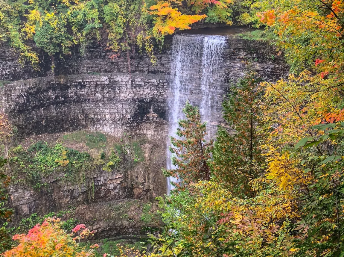 Waterfall descending from a rocky ledge into a cliffside gorge, framed by autumn foliage into yellow, orange, and green leaves.